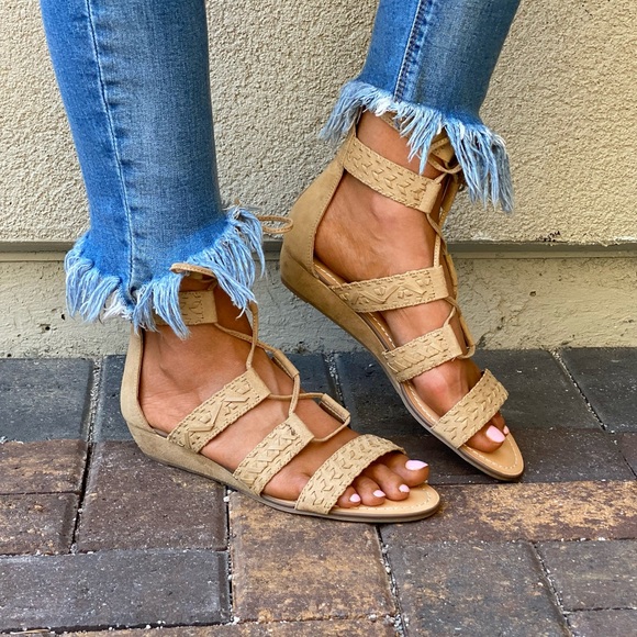 Buckle Shoes - Braided Straps Gladiator Ankle Wrap Kitten Wedges